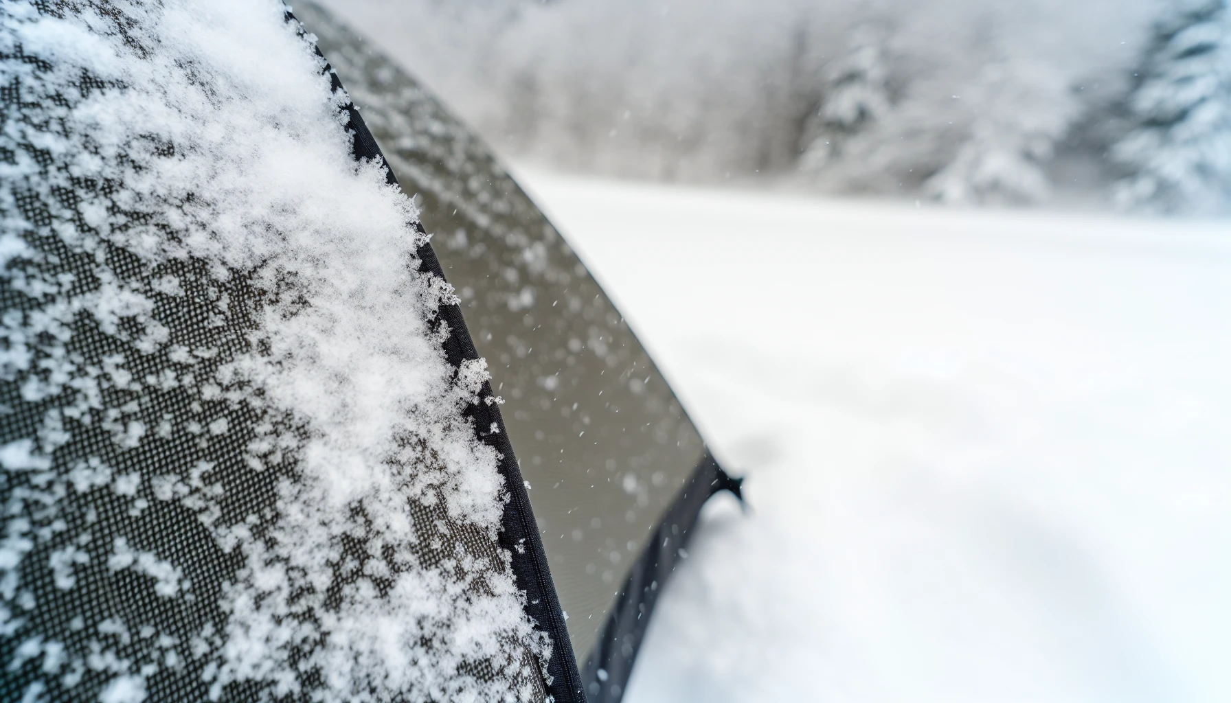 A close-up of a winter camping tent's durable fabric and snow-covered ground