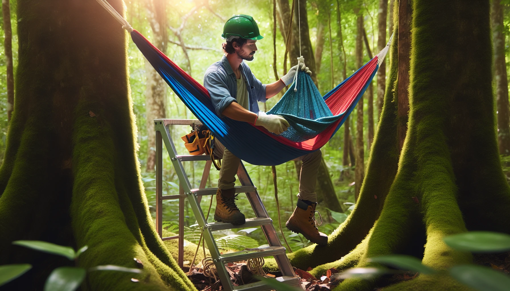 A person safely hanging a hammock between healthy trees in the forest