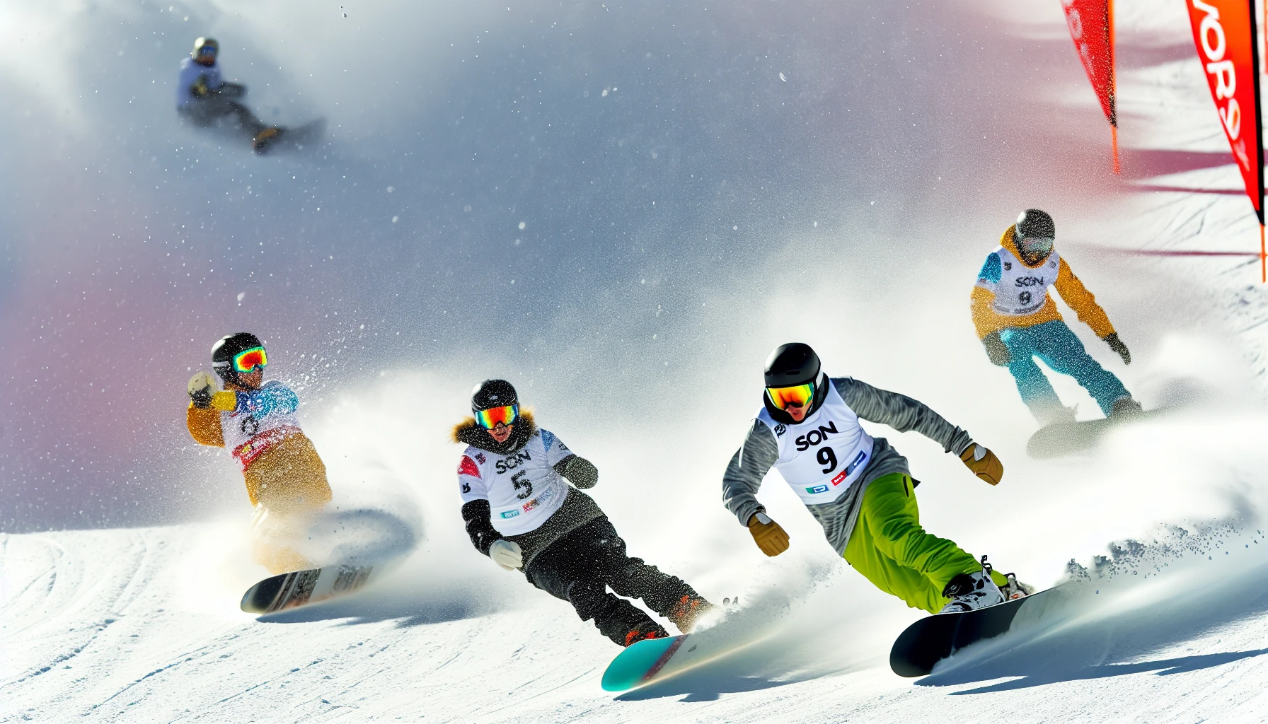 Snowboarders racing down a slope
