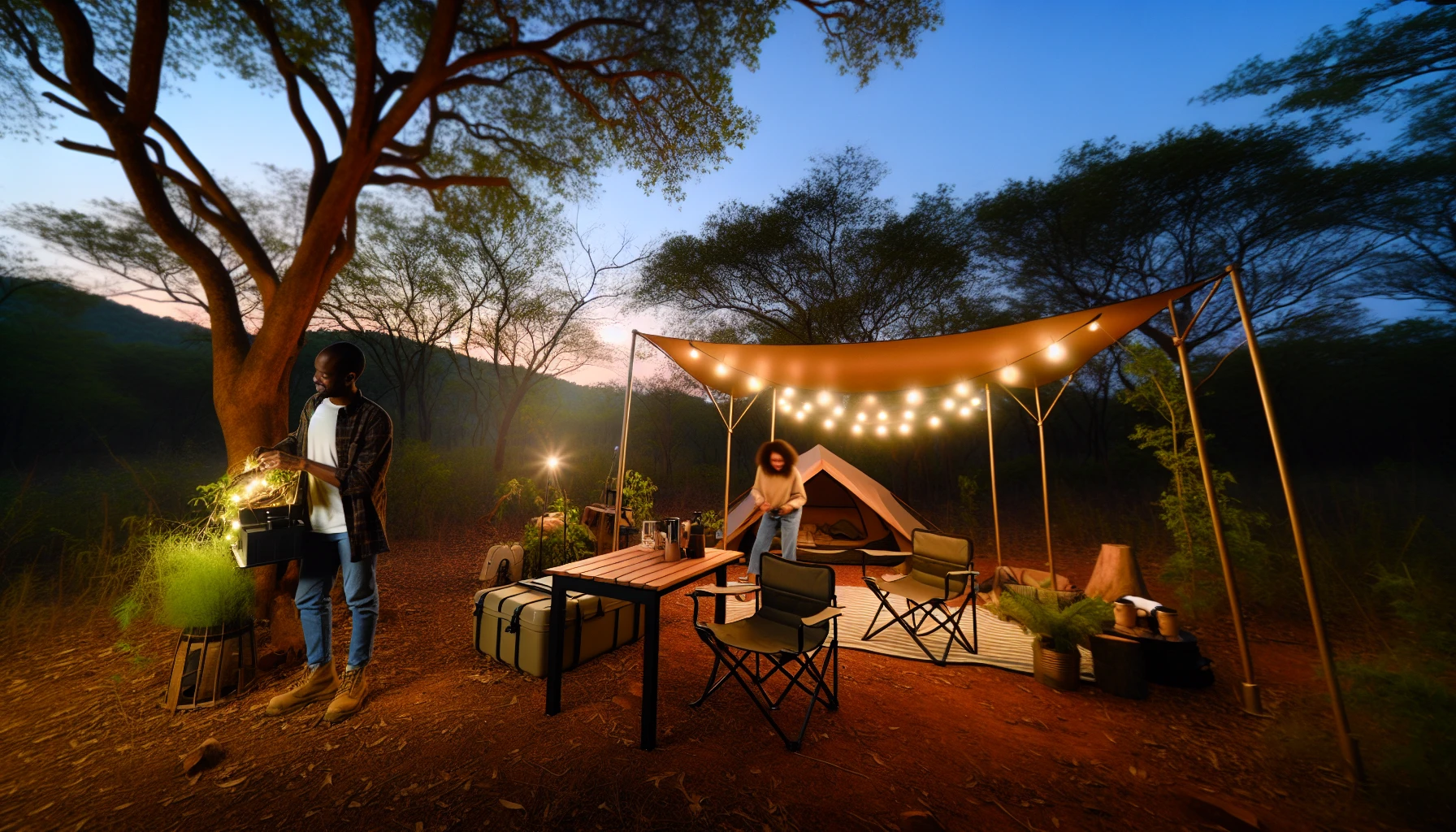Campsite setup with functional camp furniture and lighting
