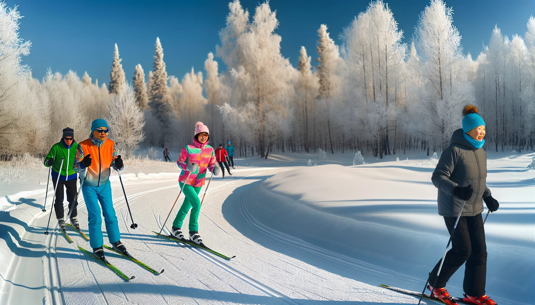 Cross country skiers exploring scenic trails in a winter parkland