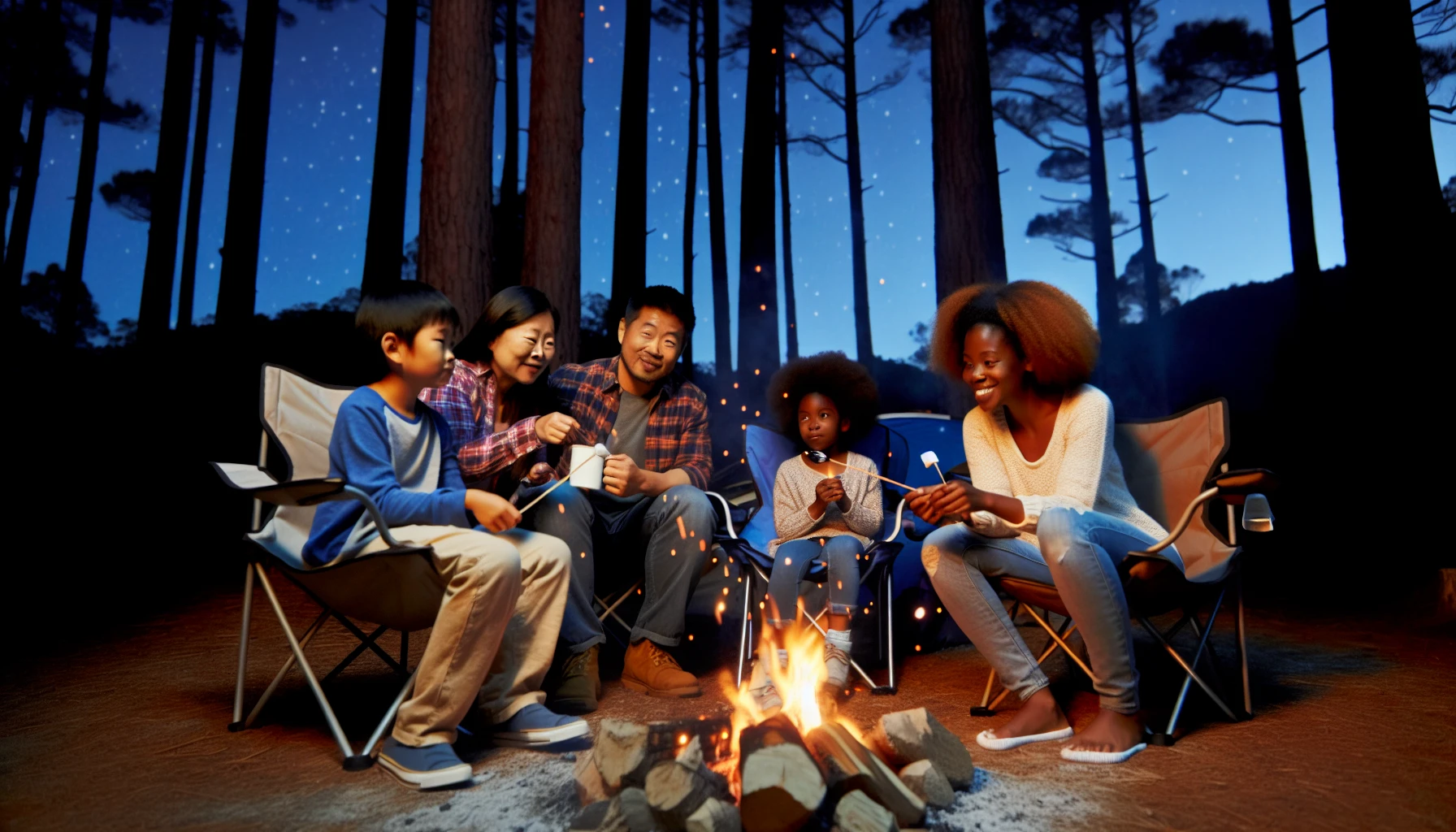 Family camping with comfortable chairs around a campfire