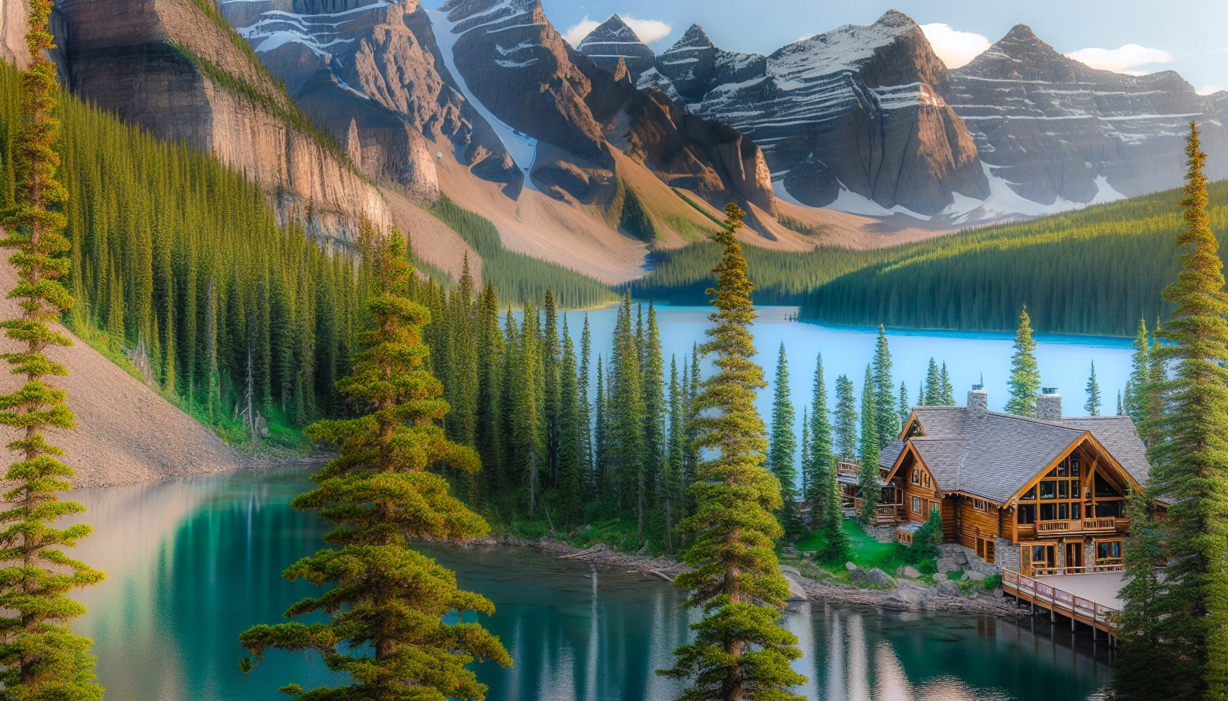 Exterior of Moraine Lake Lodge with the lake in the background