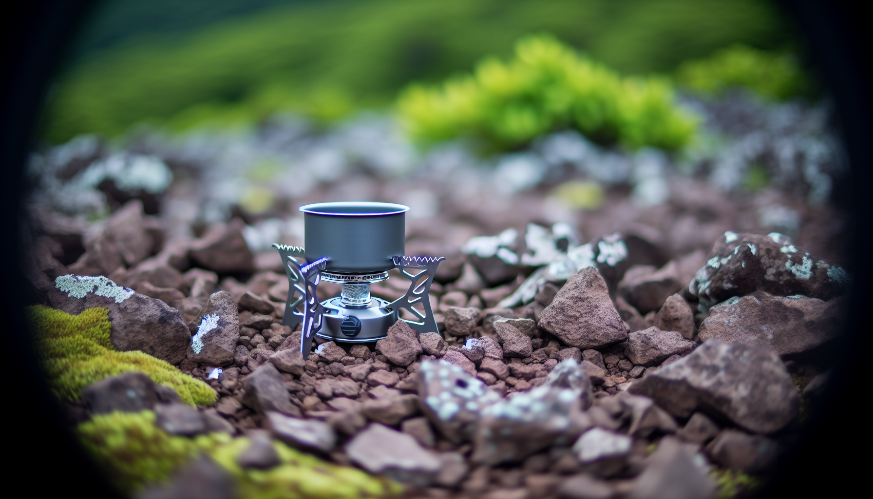A compact backpacking stove on a rocky terrain