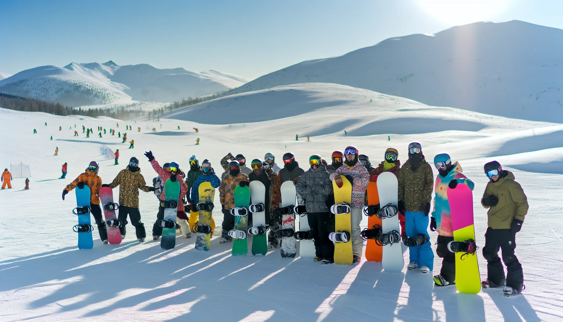 Snowboarders gathered at a snowboarding event