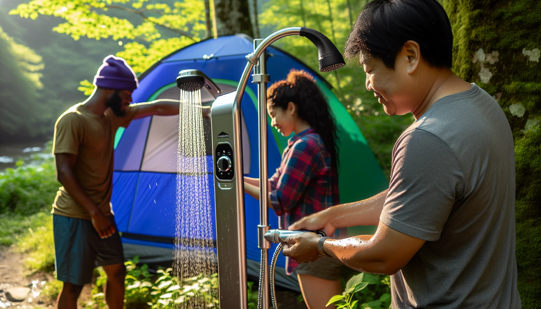 Ivation portable shower being used during a camping trip