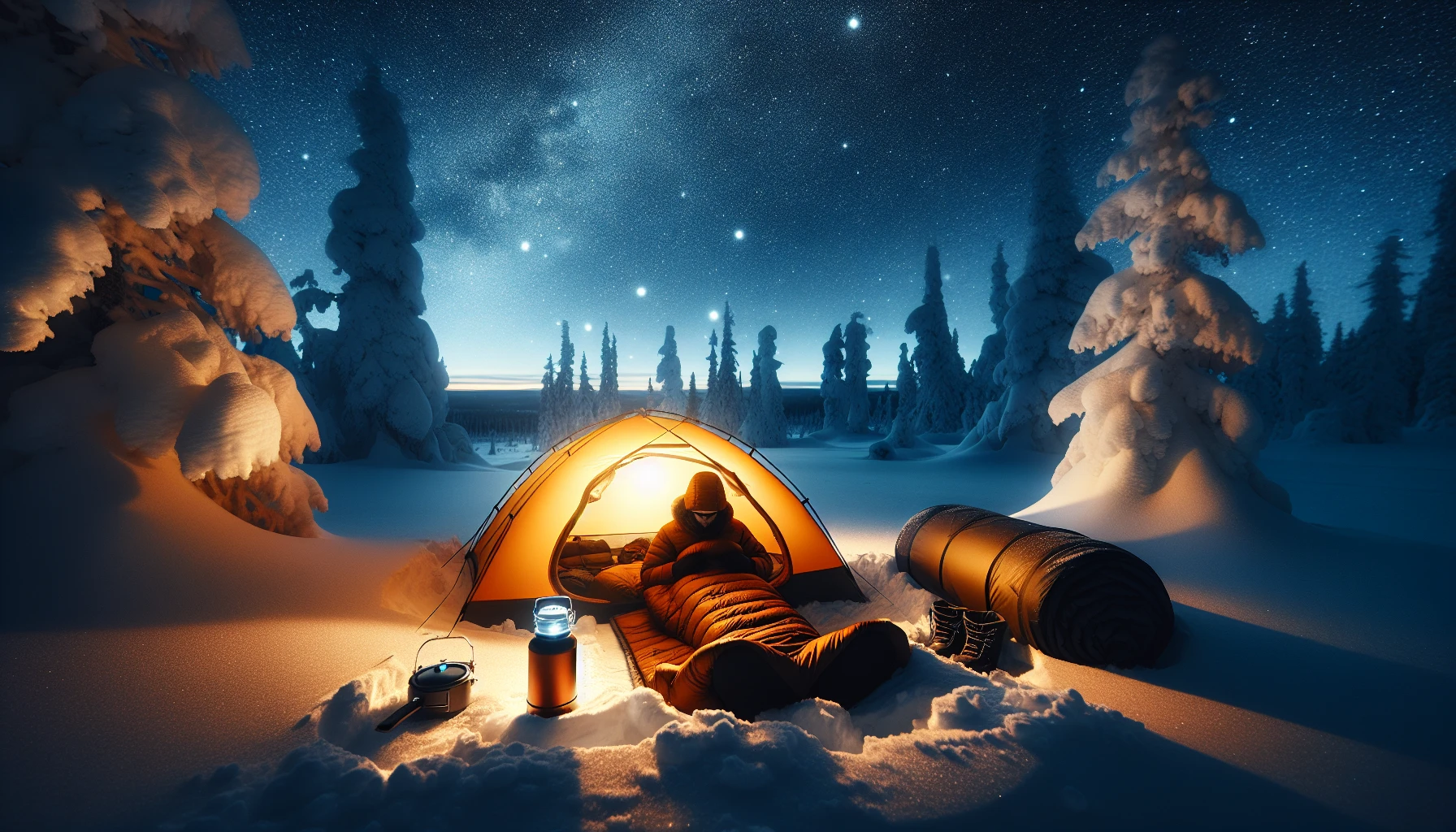 Winter camping gear including sleeping bag and tent
