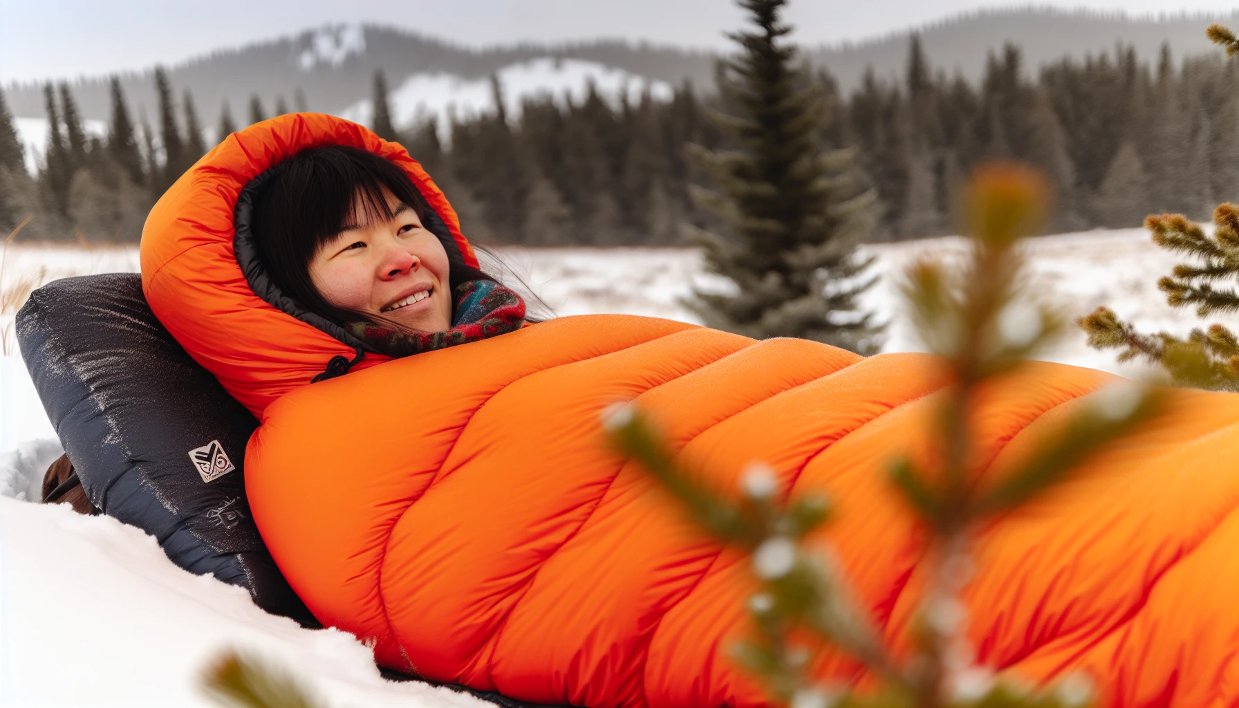 Photo of a person warmly wrapped in a tall sleeping bag