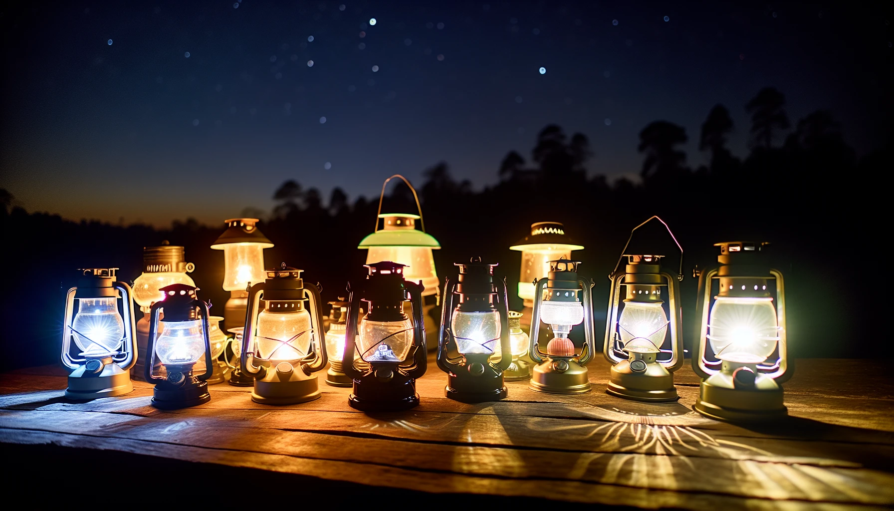 879e40c0-e8ad-4df2-b5d0-af6f534da8e9 Various camping lanterns glowing in the dark