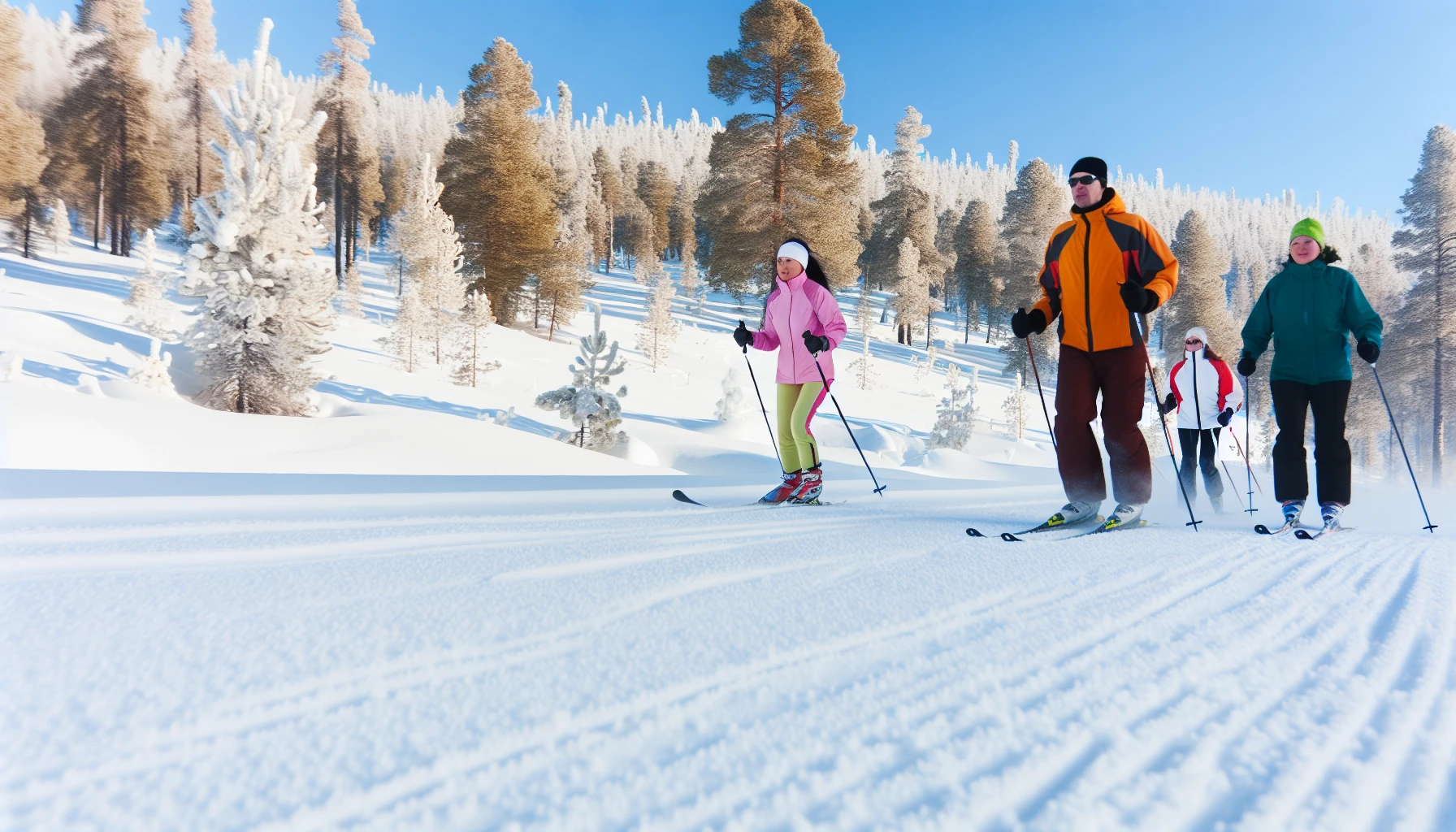 Snowy landscape with cross country skiers gliding through the trails