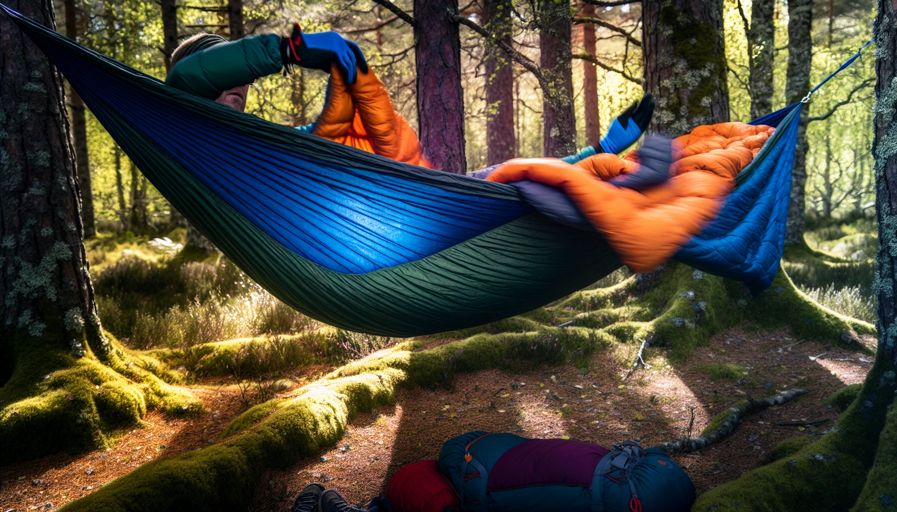 An underquilt being set up for insulation in a camping hammock