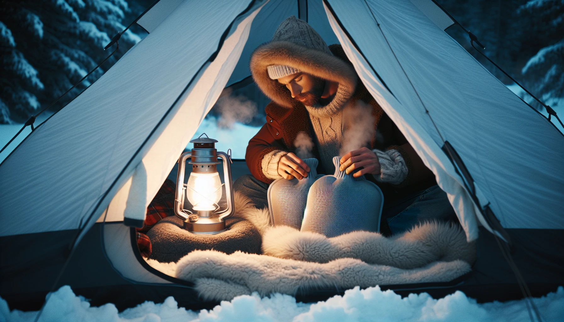 Using hot water bottles for staying warm in tent during winter camping