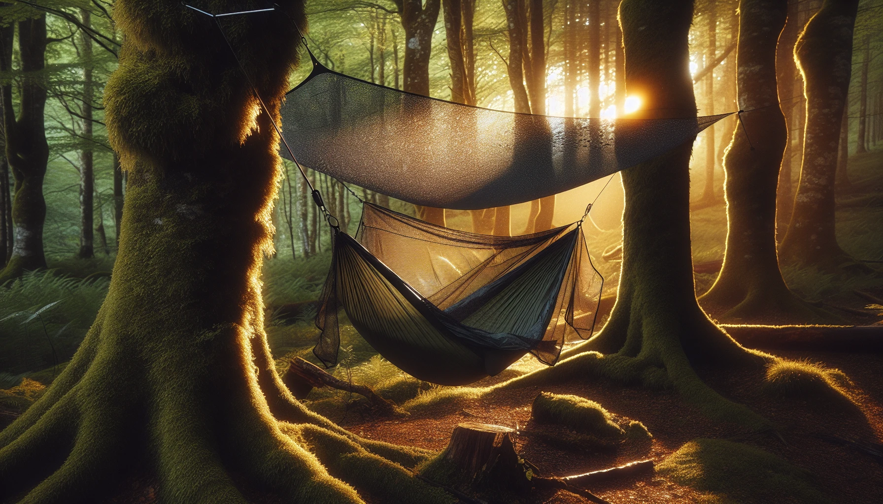A camping hammock hanging between two sturdy trees in the forest