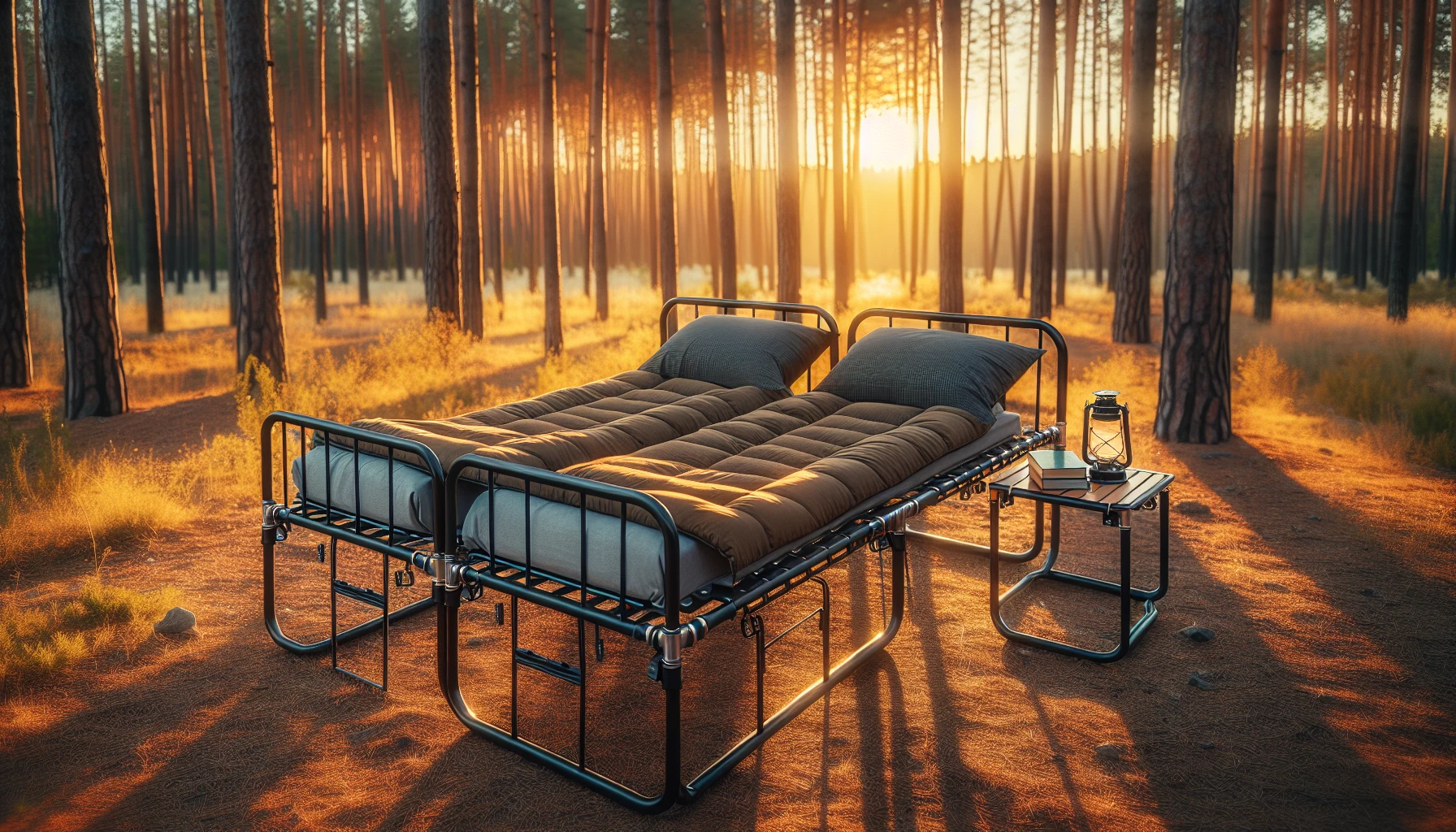 Double camping cot in a scenic campsite