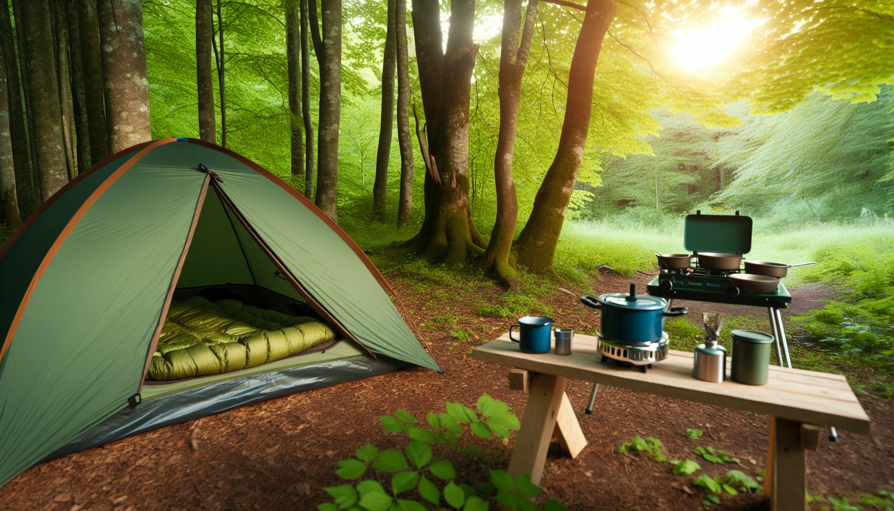 A well-equipped camping gear with a tent, sleeping bag, and cooking equipment