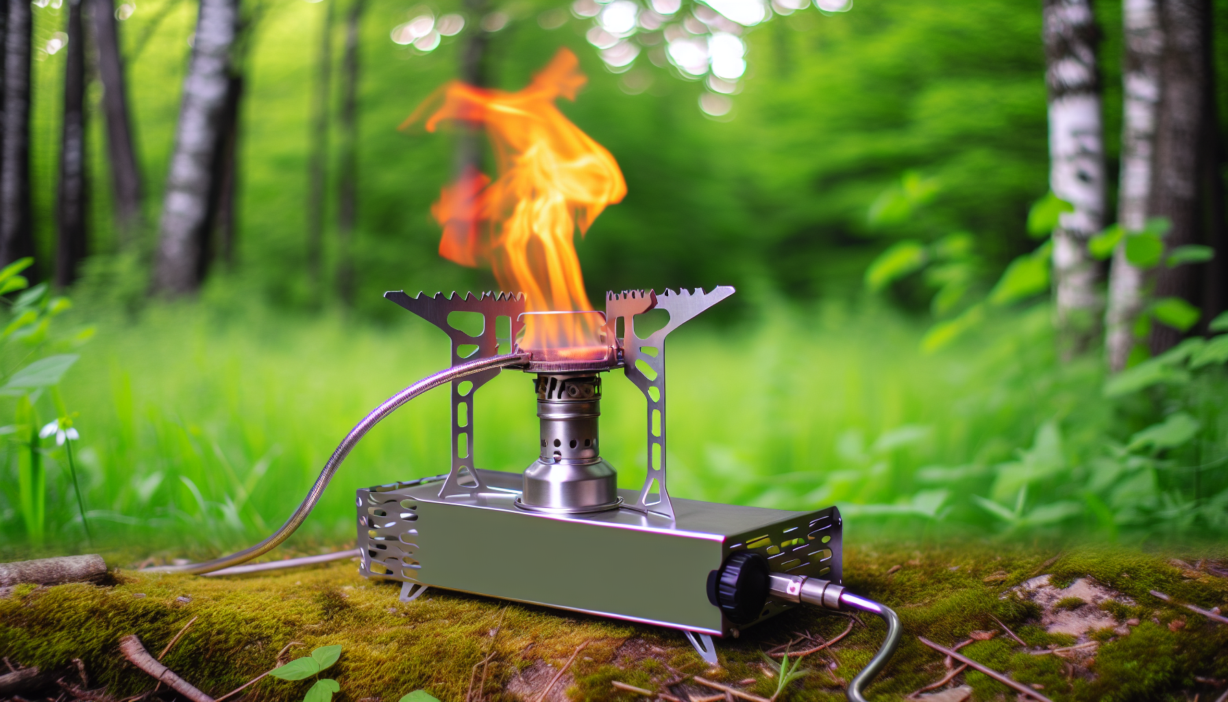 A camping stove with wind protection feature in action