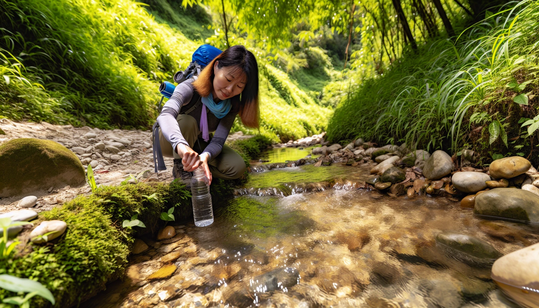 Hiker refilling water bottle from a stream