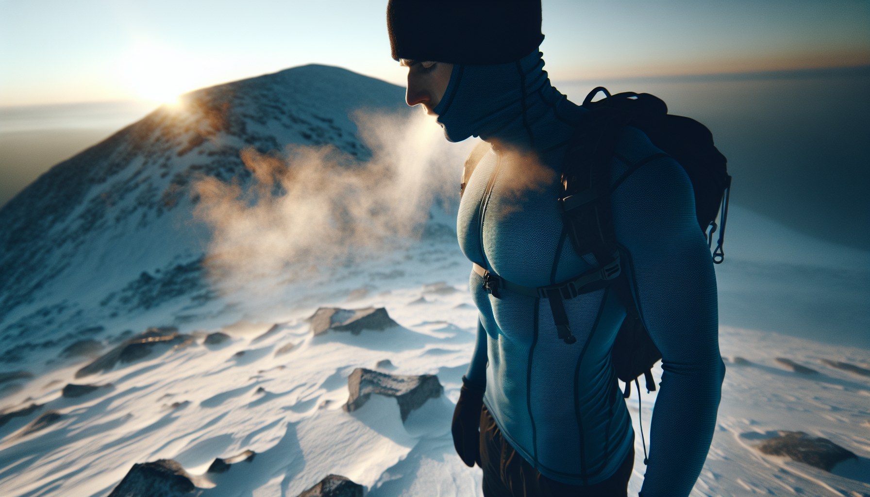 A person wearing moisture-wicking base layers for winter hiking