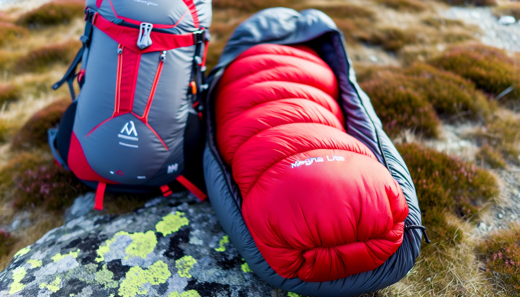 Photo of a compressed ultralight sleeping bag next to a backpack