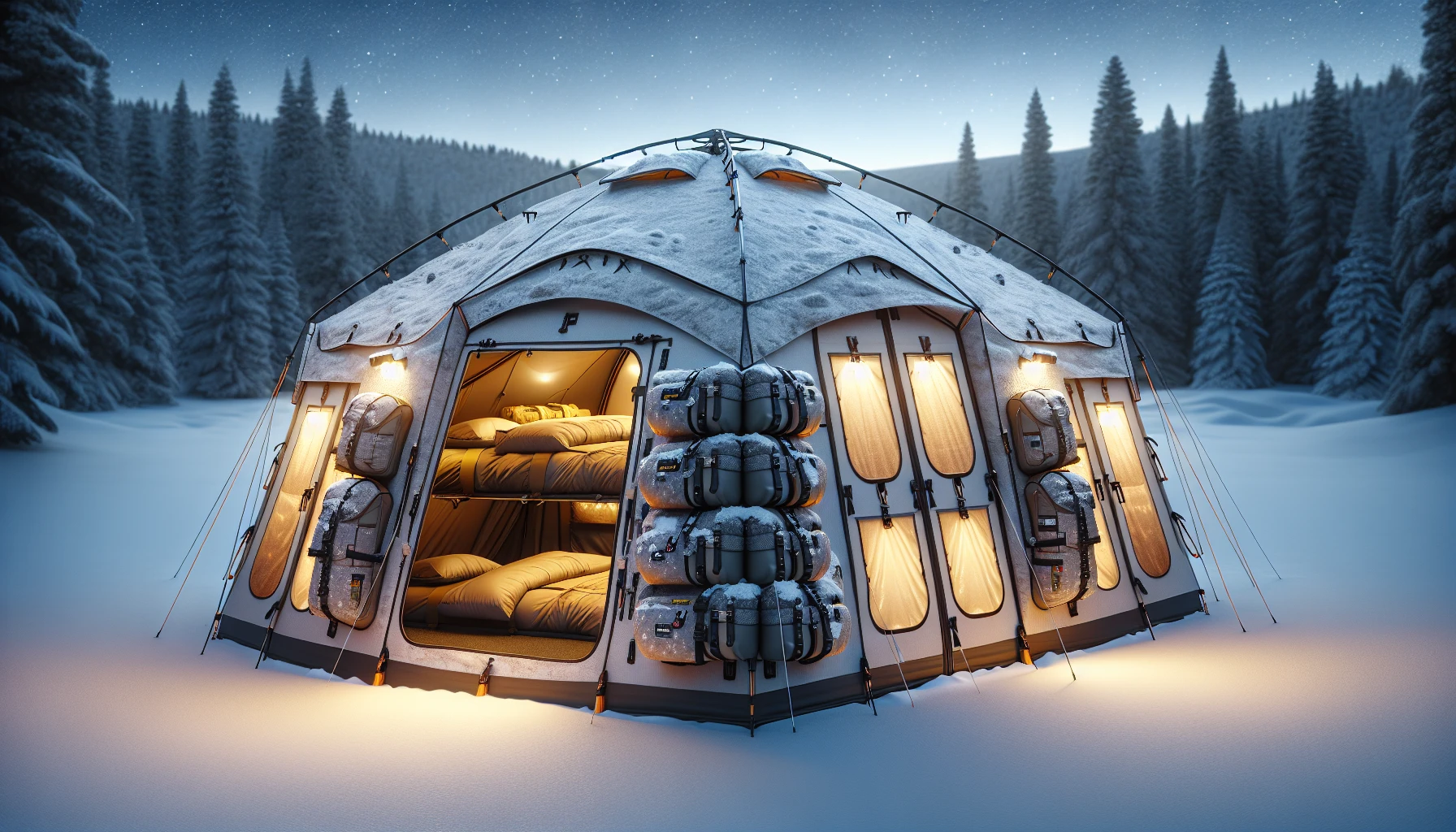 An illustration of a winter camping tent with multiple access doors and storage pockets