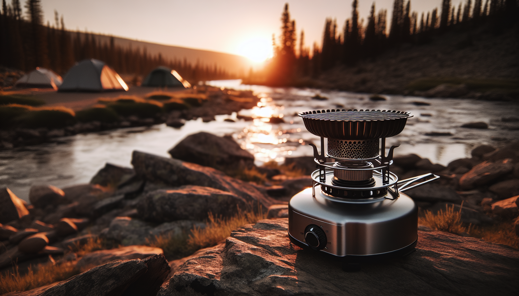 A camping stove with a cooking grate accessory