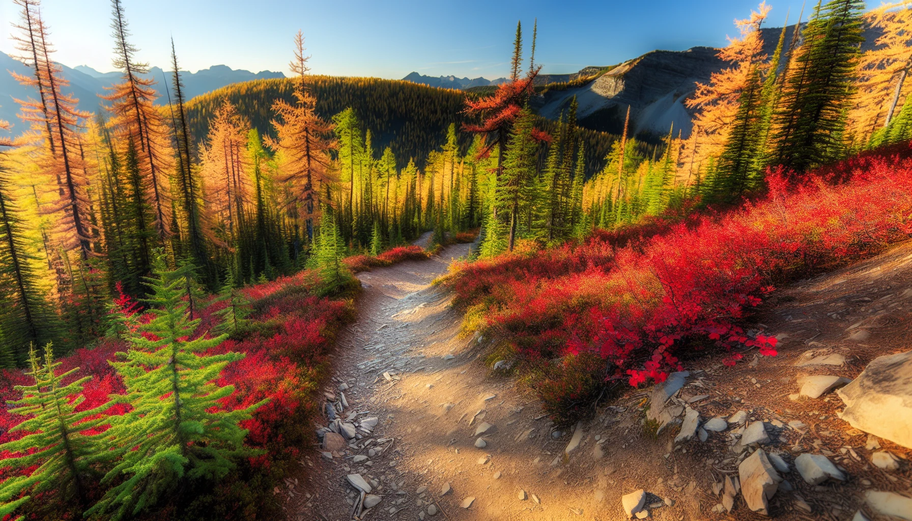 Hiking trail leading to Larch Valley with vibrant autumn foliage