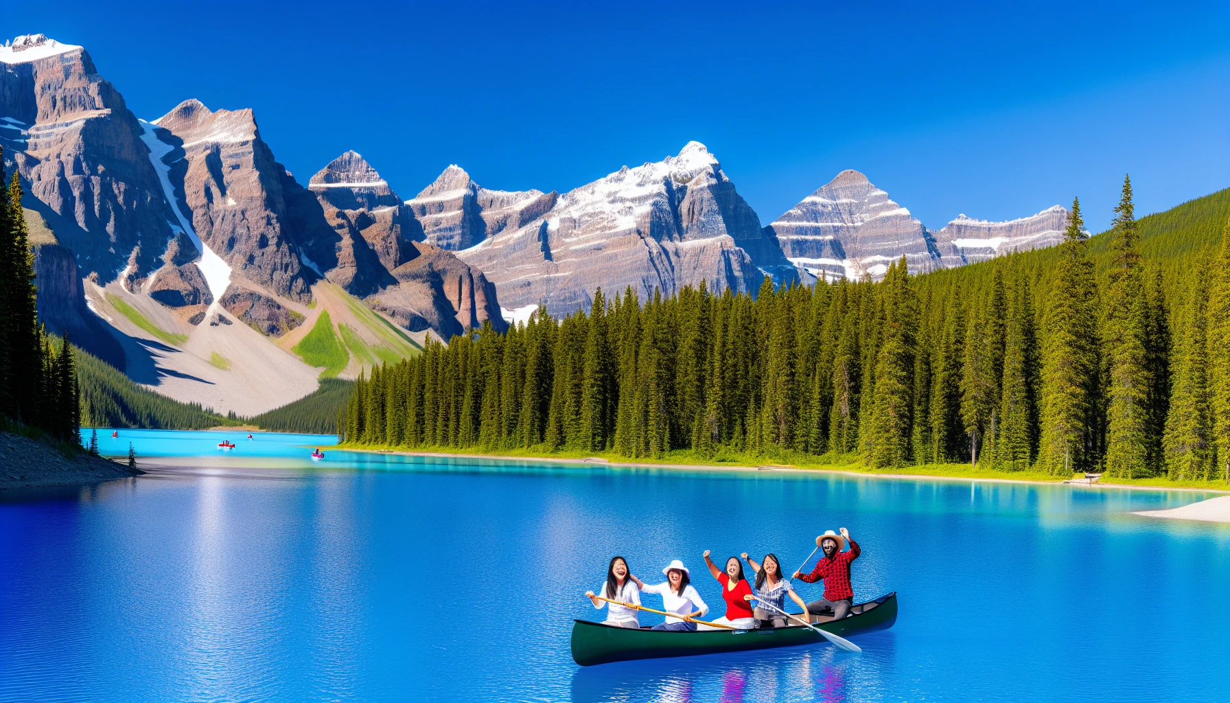 Canoeing on the tranquil waters of Moraine Lake with snow-capped peaks