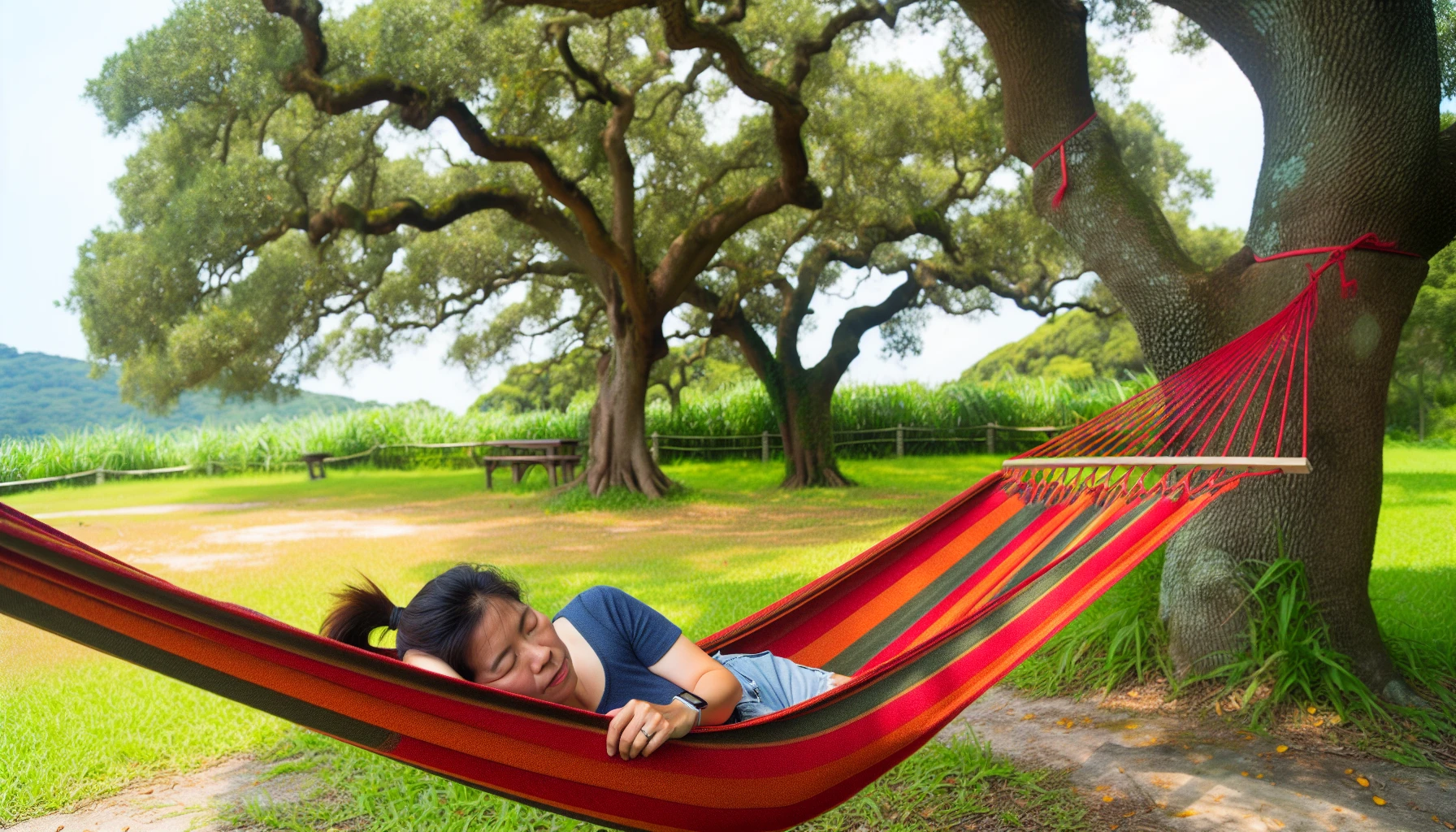 A person sleeping diagonally in a hammock for maximum comfort