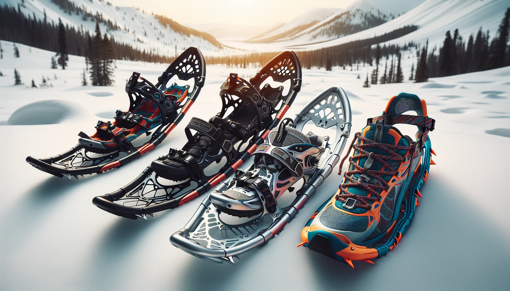 Various types of snowshoes for different terrains