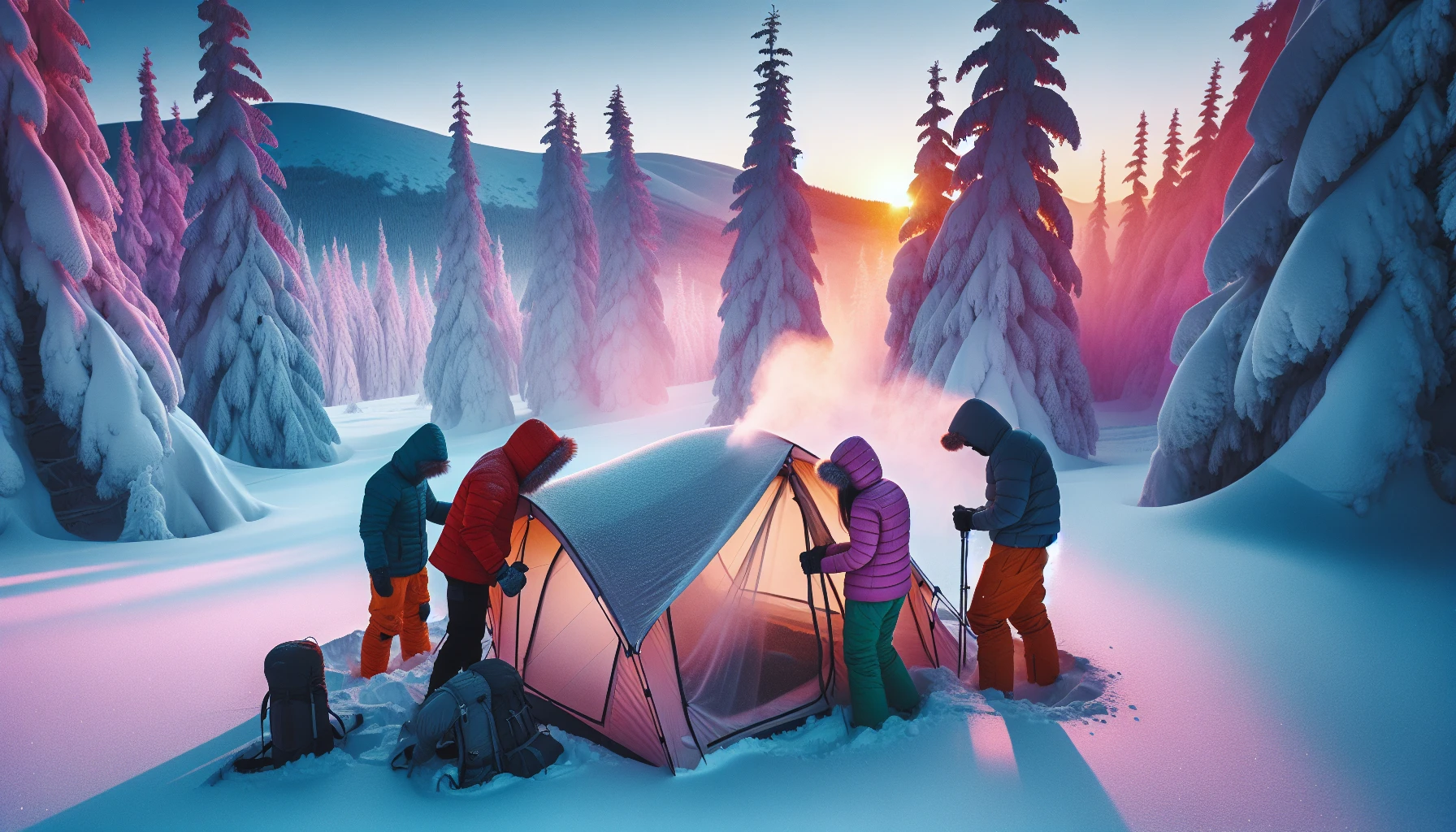 A group of winter campers setting up a tent in the snow