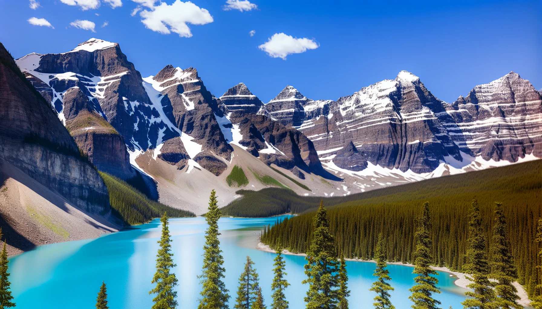 A stunning view of Moraine Lake with the Ten Peaks in the background