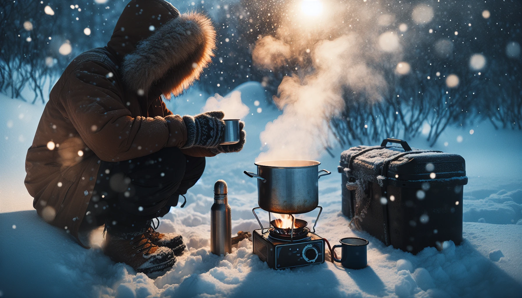 Preparing hot drinks for cold weather camping