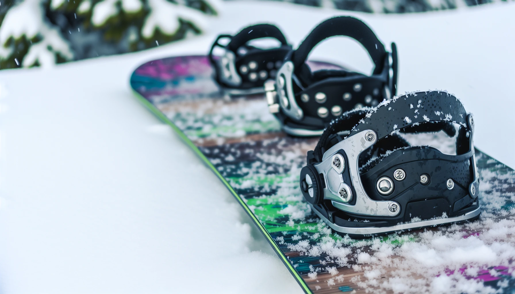 Snowboard and bindings on snow