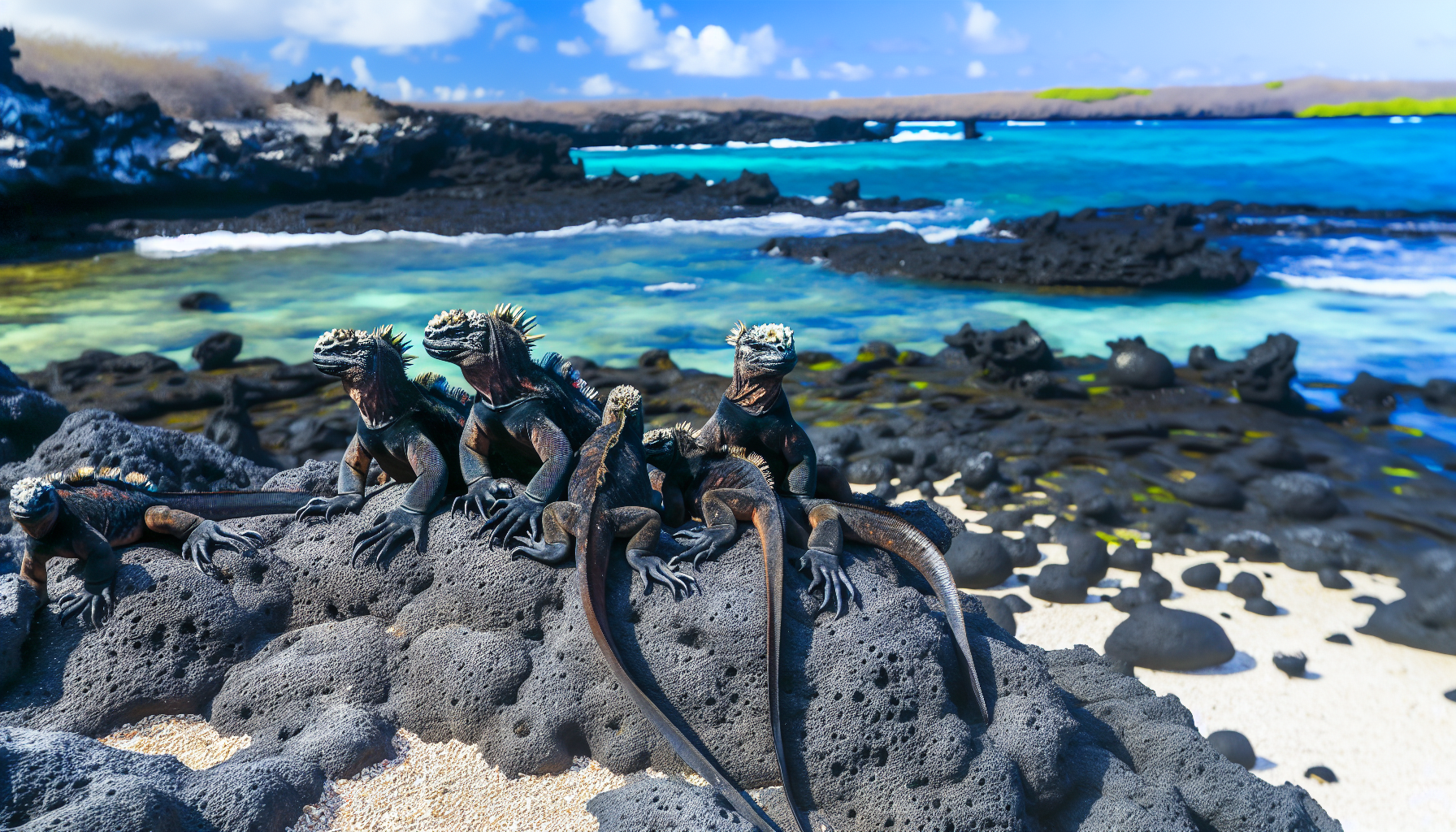 Marine iguanas basking in the sun
