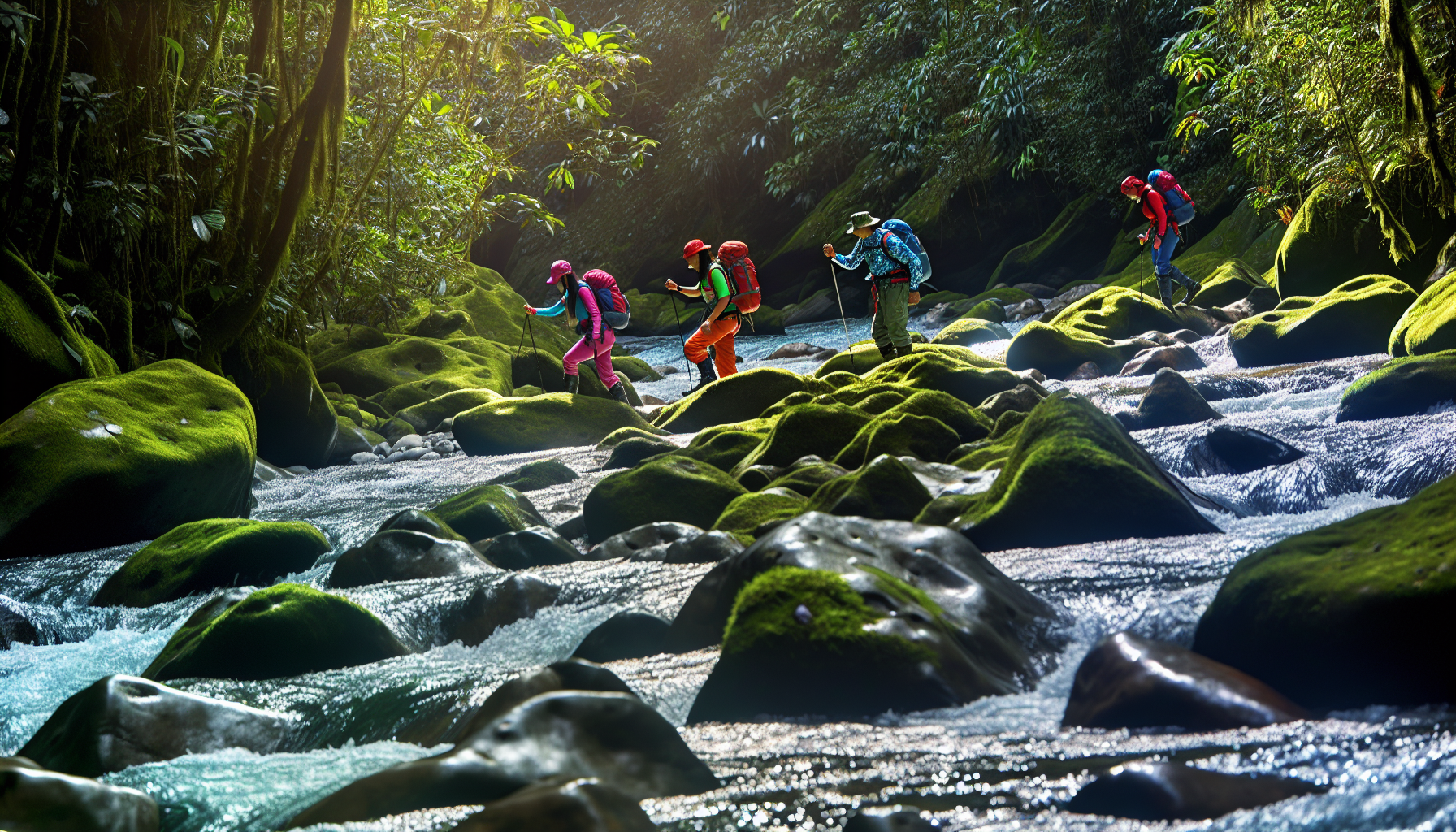 Photo of hikers crossing a river amidst dense Colombian jungle