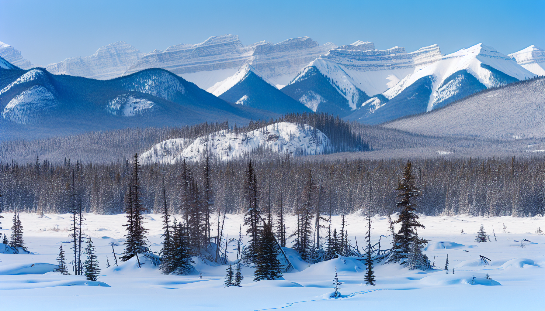 Snow-covered landscape in Banff National Park during the winter months, creating a serene and magical atmosphere