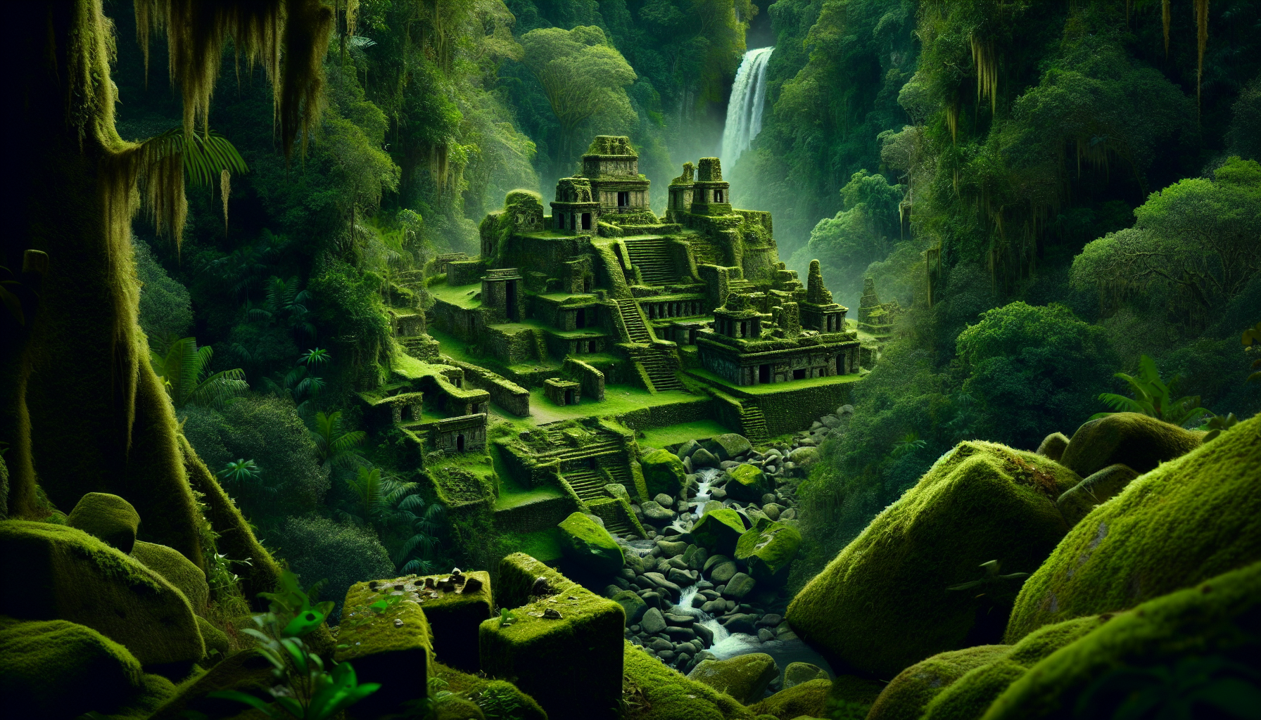 Illustration of ancient city ruins hidden in lush green jungle