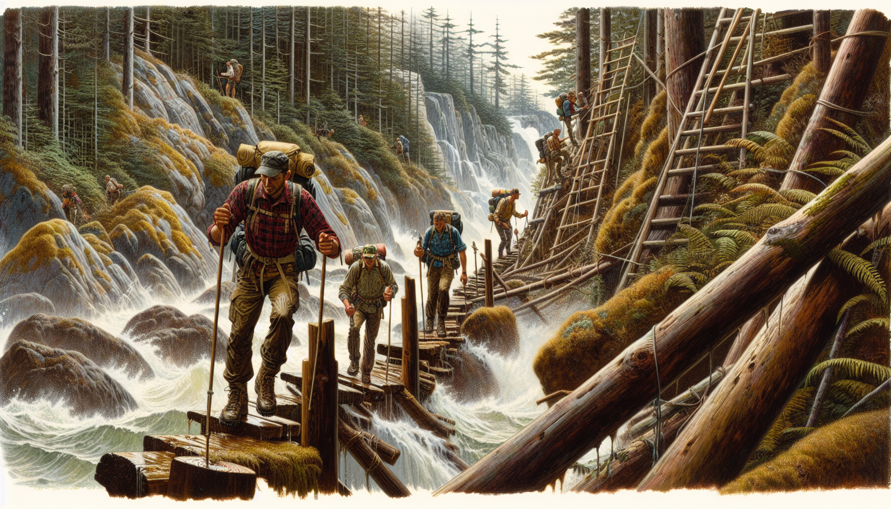 Illustration of hikers navigating challenging terrain on the West Coast Trail