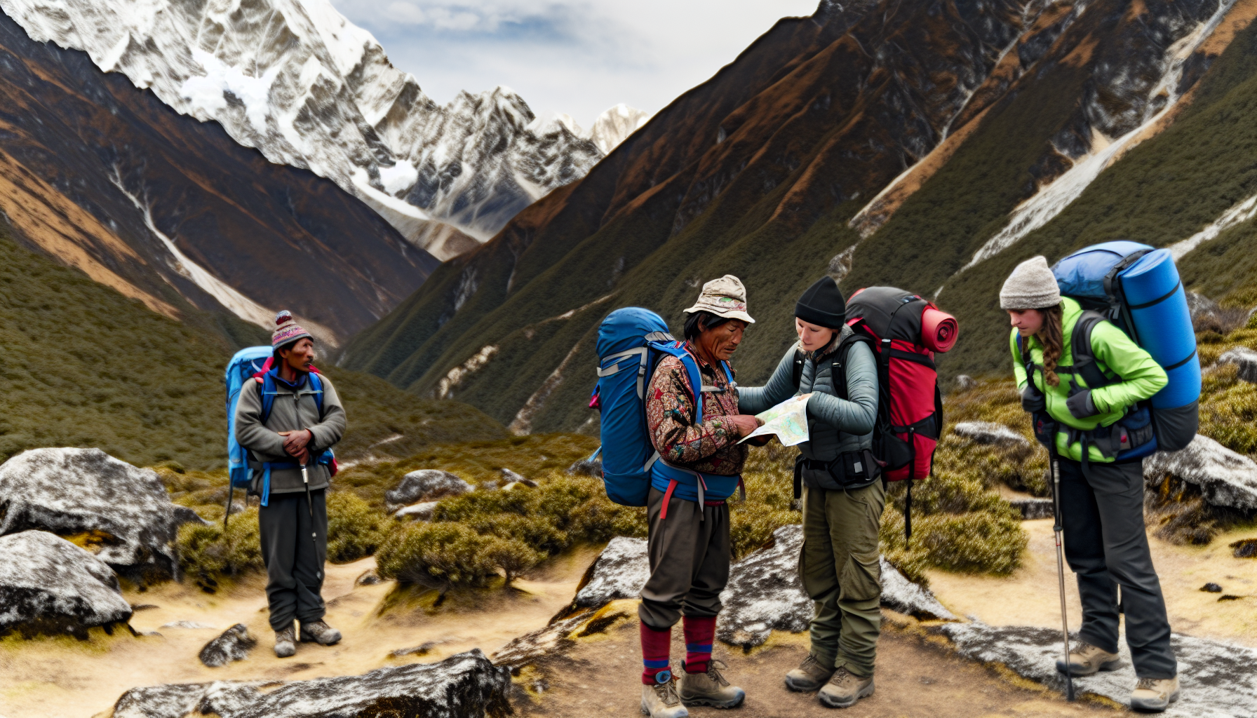 Local guide and porter assisting trekkers on a trail
