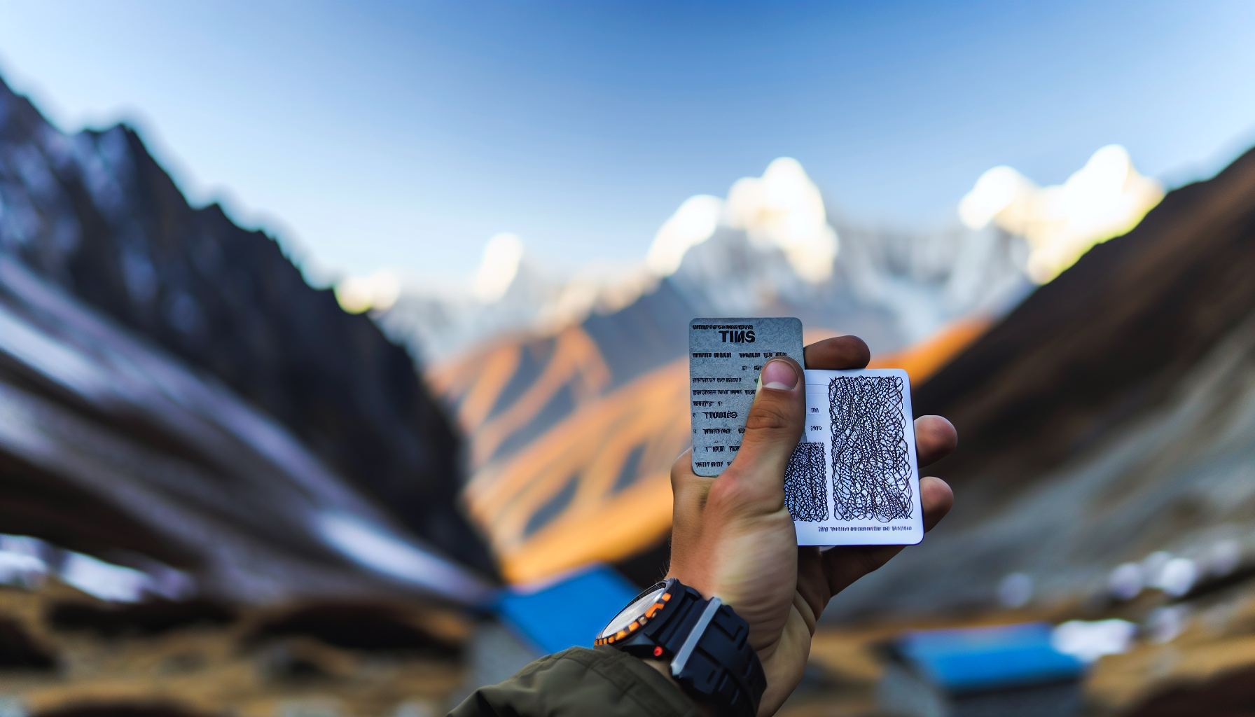Hand holding trekking permits and TIMS card with mountain background