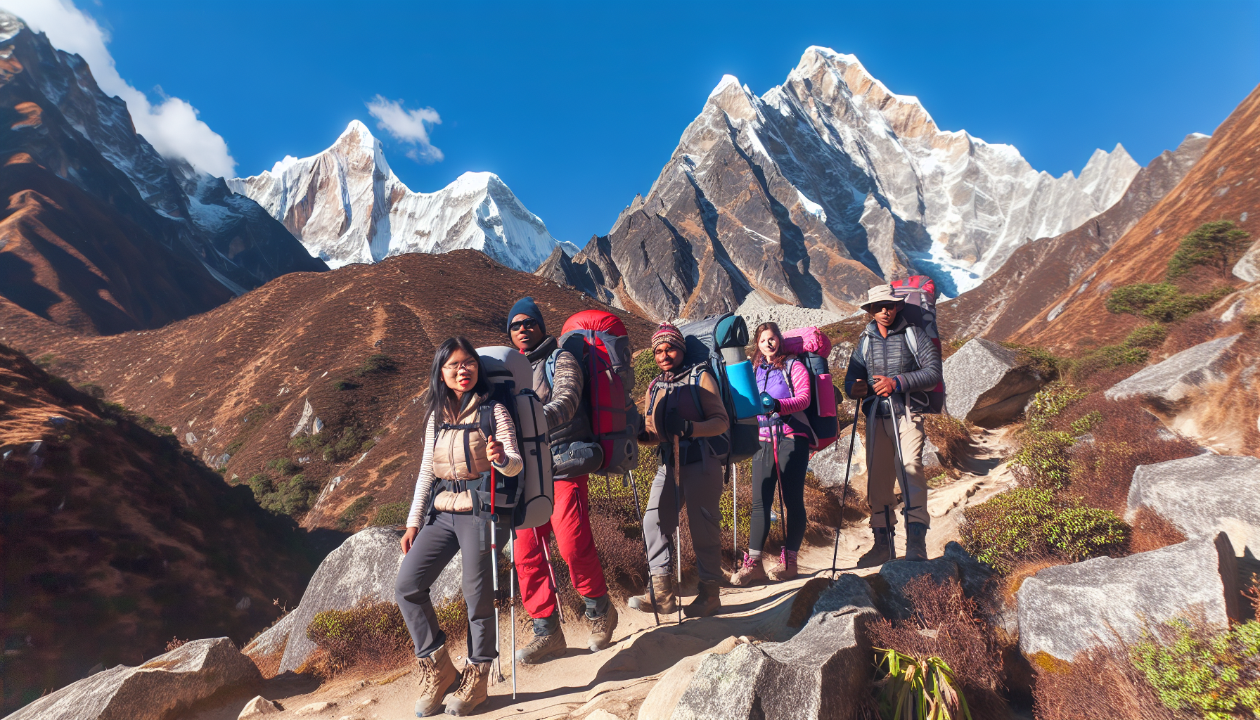 Group of trekkers with backpacks walking on a trail in the Himalayas