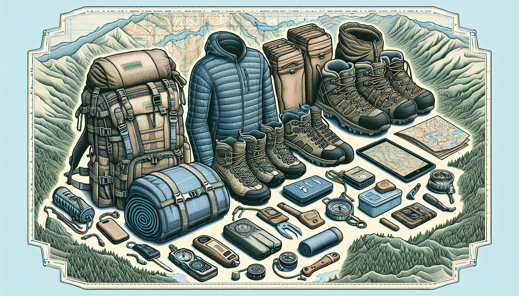 Illustration of essential gear and packing list for the West Coast Trail