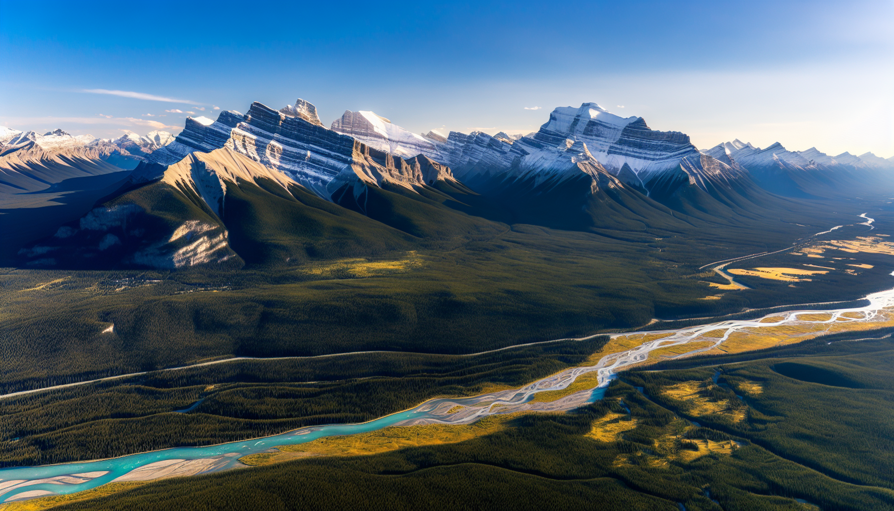 Aerial view of Banff National Park showcasing its stunning landscape and snow-capped peaks