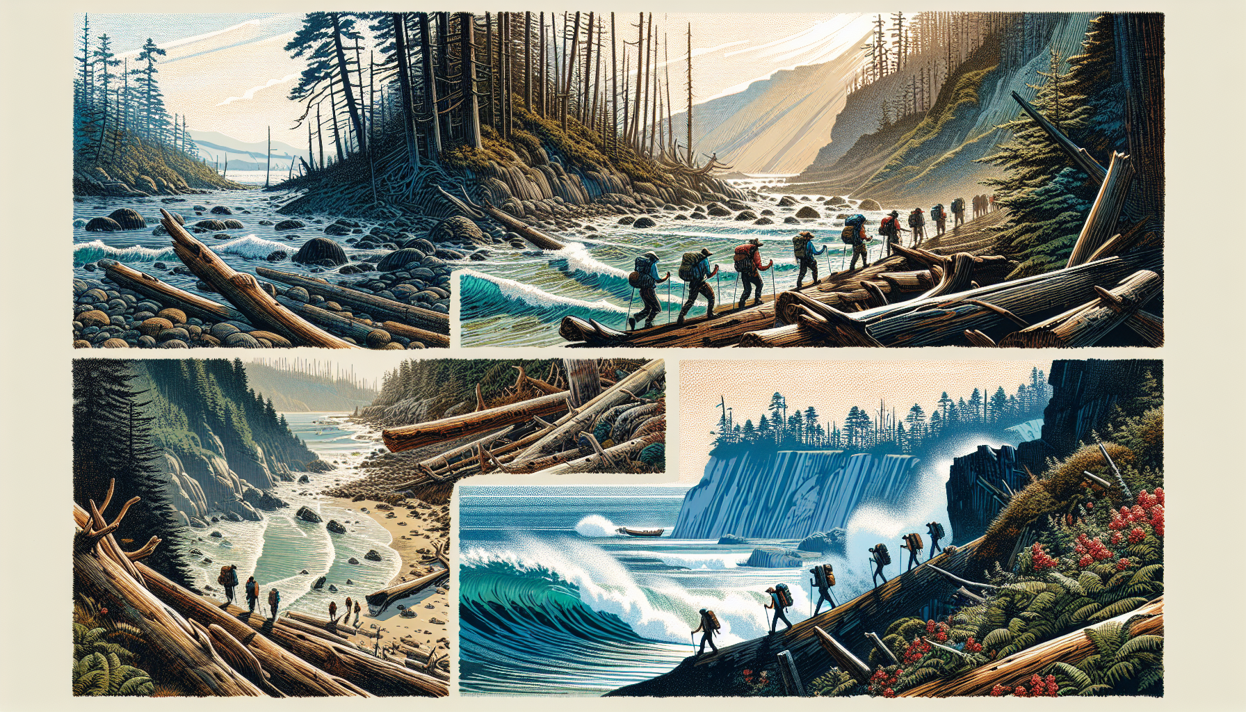 Illustration of hikers exploring the West Coast Trail