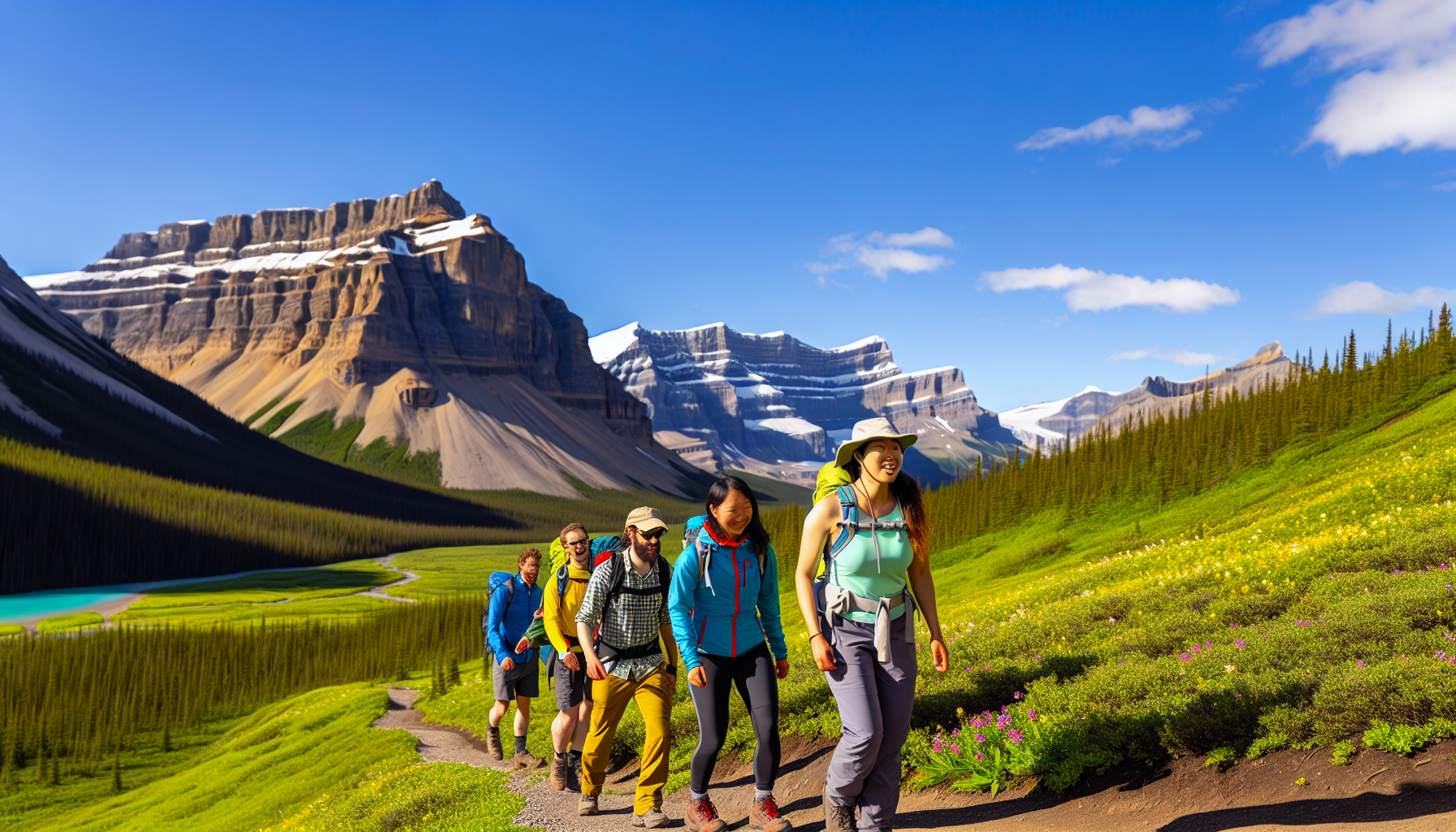 Hikers exploring scenic trails with snow-capped peaks and lush valleys in Banff National Park