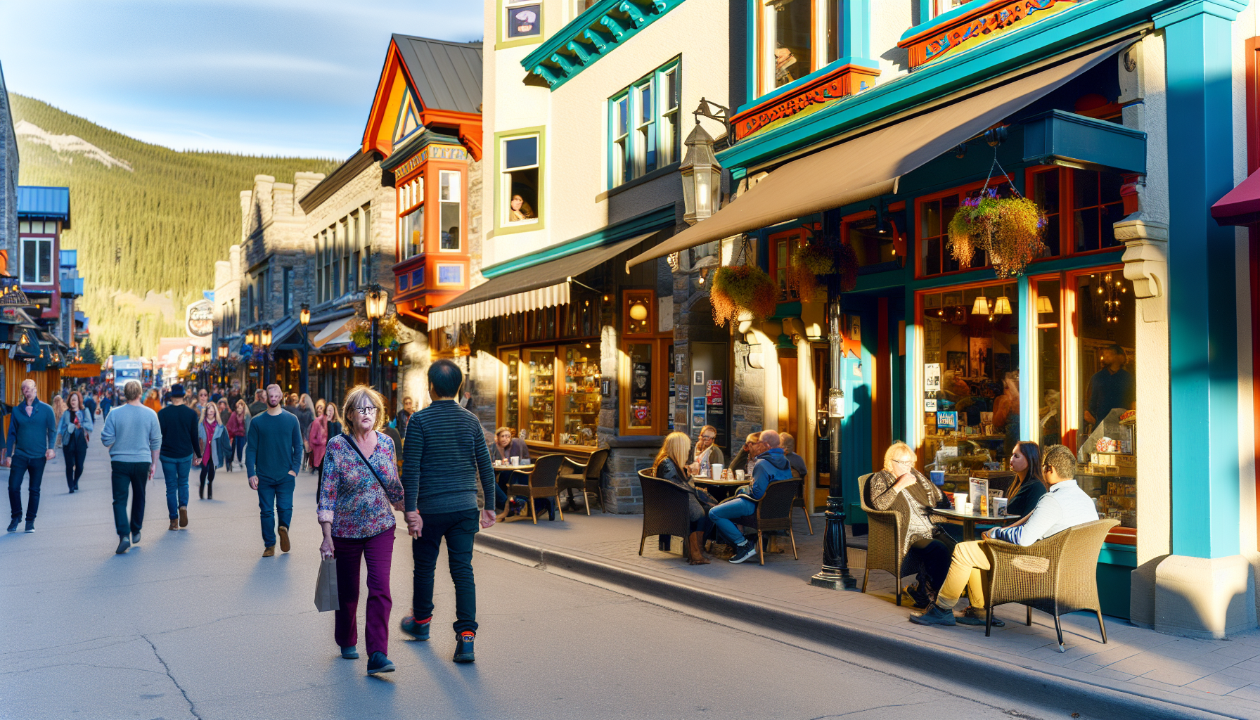 Vibrant streets of Banff town with shops, restaurants, and visitors enjoying the lively atmosphere