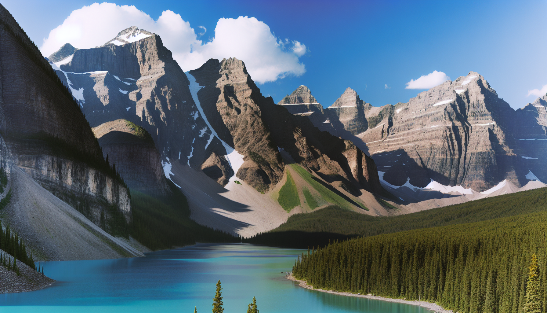 Majestic Moraine Lake with turquoise waters surrounded by towering mountains and lush forests