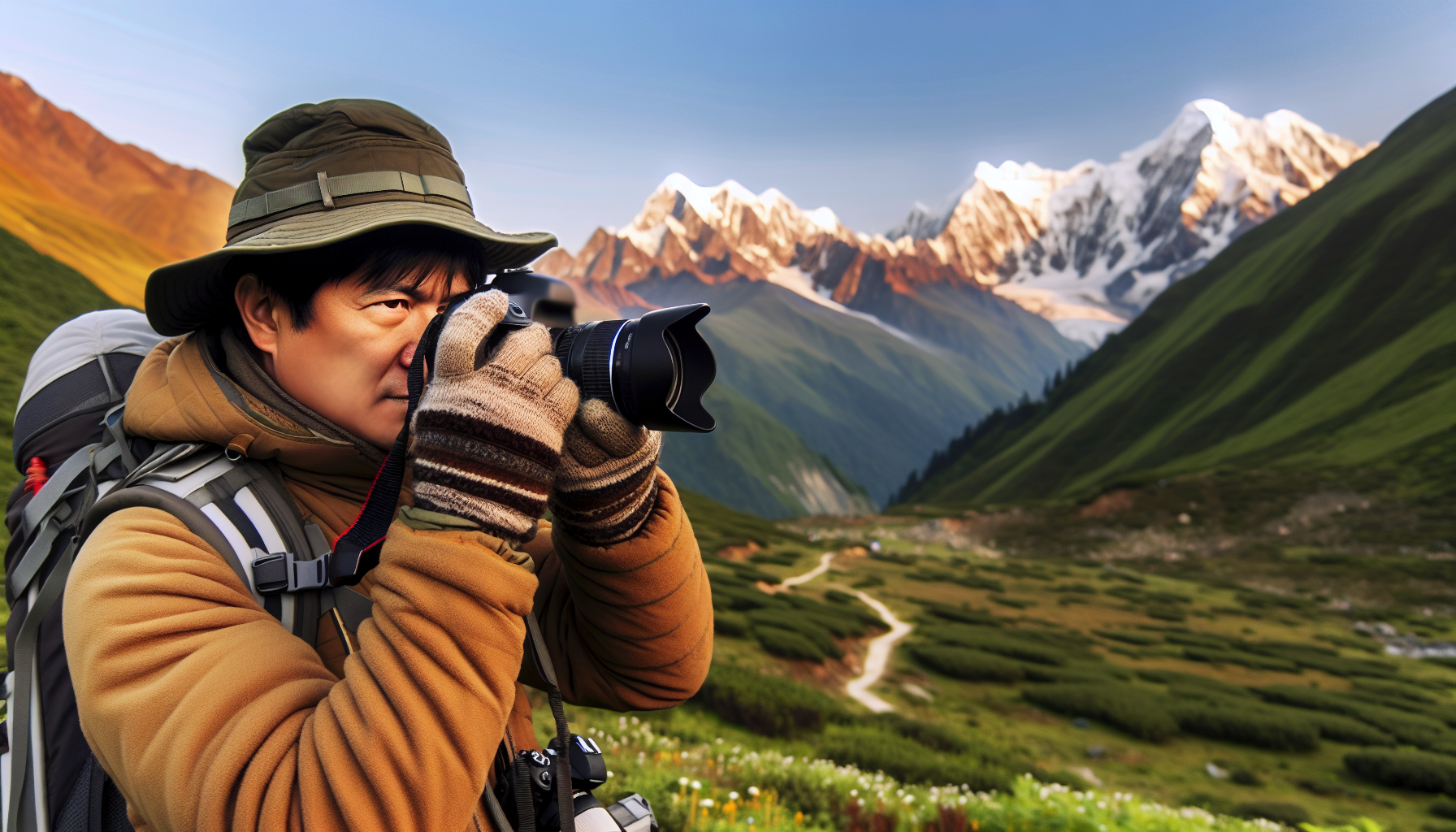 Trekker capturing a stunning mountain landscape with a camera