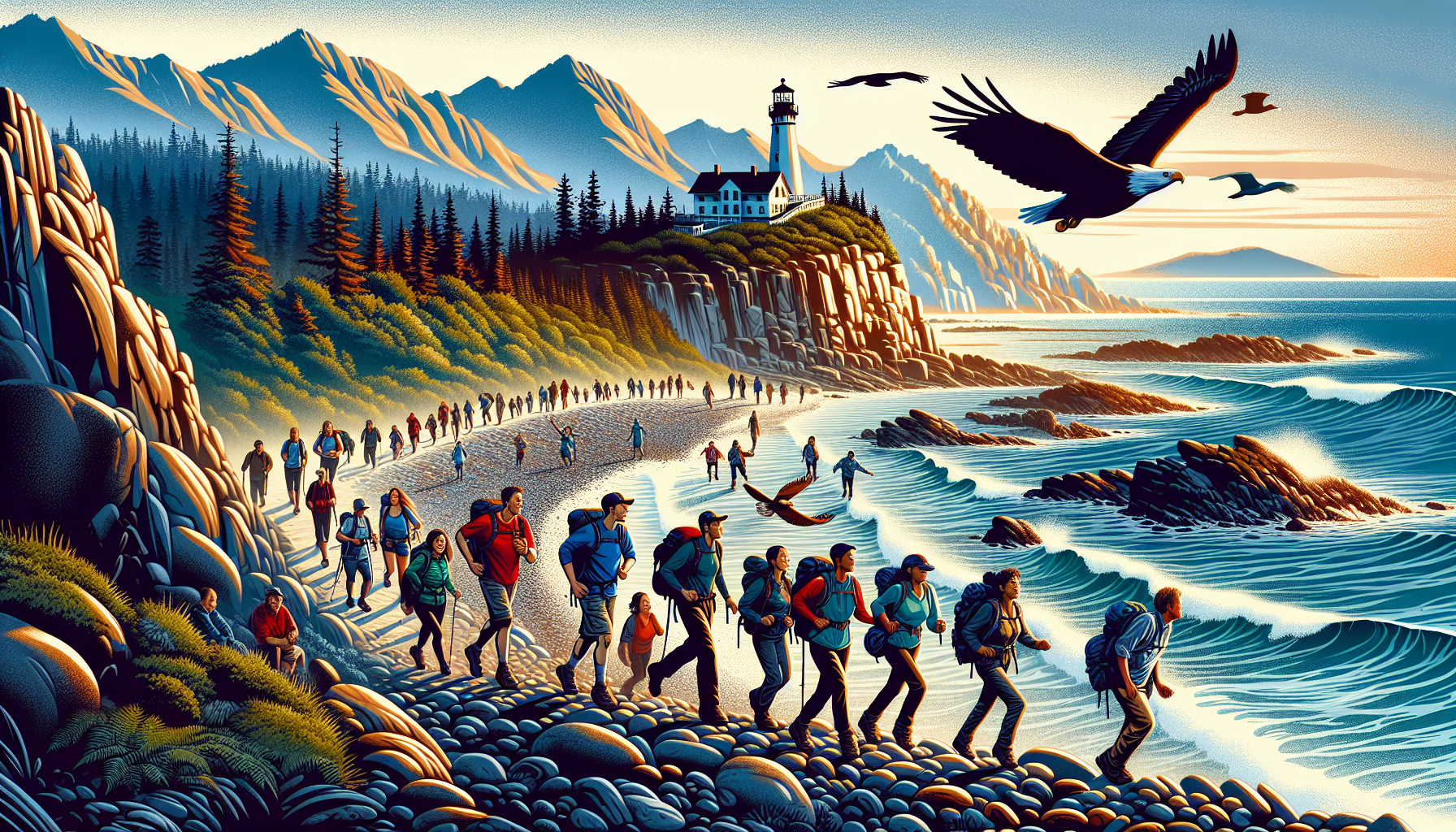 Illustration of hikers exploring the scenic highlights of the West Coast Trail