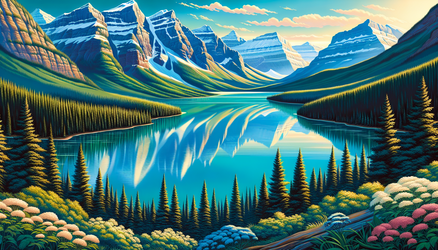 Illustration of majestic mountain peaks surrounding Waterton Lakes, showcasing the park's stunning natural beauty